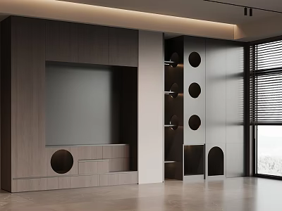 Modern Pet Cabinet with Circular Openings in Living Room Interior and Wooden Storage Design 3d model
