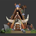 Cartoon Tribal Tent Scene With Bull Horns Bone Decorations Plants And Stones