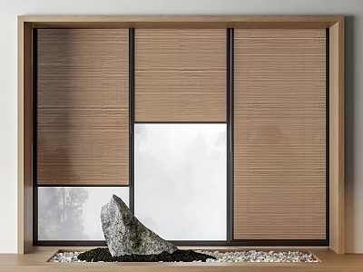 Natural Bamboo Curtain for Sliding Door Interior with Zen Ambiance and Stone Decor 3d model
