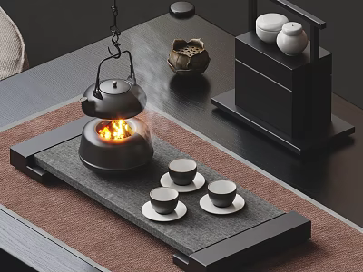 Traditional Ceramic Tea Set With Teapot Stove And Cups On Wooden Tray 3d model