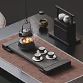 Traditional Ceramic Tea Set With Teapot Stove And Cups On Wooden Tray