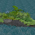 Lush Tropical Plant Combination on Stone Edged Water Island with Ferns and Purple Flowers