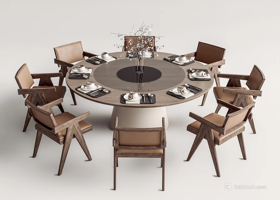Elegant Round Wooden Dining Set With Chairs Place Settings And Centerpiece 3d model 