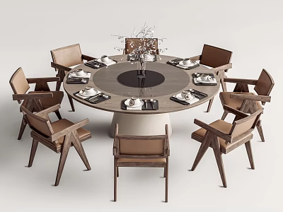 Elegant Round Wooden Dining Set With Chairs Place Settings And Centerpiece 3d model