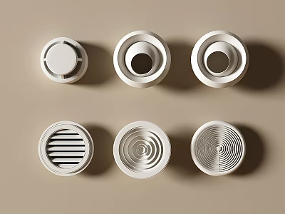 White Circular Air Conditioner Vents With Various Designs Arranged On Beige Background 3d model