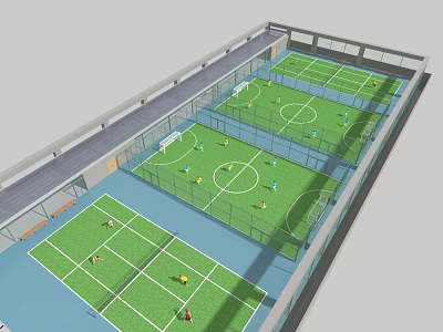Basketball Gym With Multiple Courts Green Surfaces Blue Areas And Active Players 3d model
