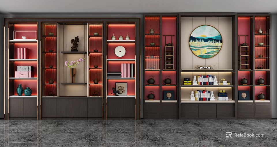 Stylish Modern Decorative Cabinet With Artwork Books Round Painting And Lighting 3d model 