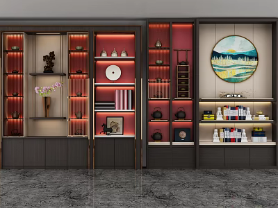 Stylish Modern Decorative Cabinet With Artwork Books Round Painting And Lighting 3d model