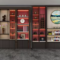 Stylish Modern Decorative Cabinet With Artwork Books Round Painting And Lighting