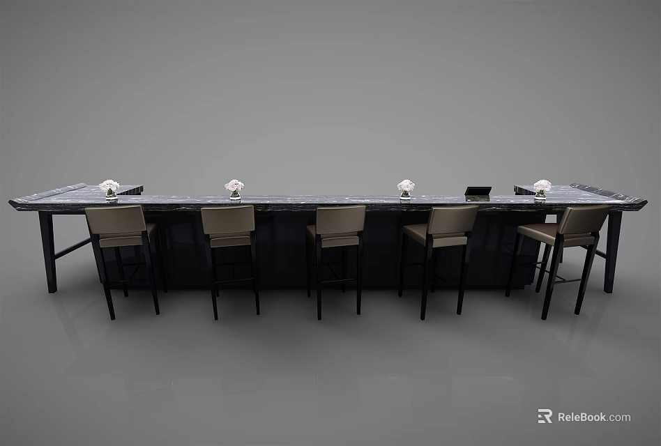 Modern Bar Interior With Long Marble Counter And Black Bar Stools 3d model 