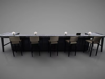 Modern Bar Interior With Long Marble Counter And Black Bar Stools 3d model