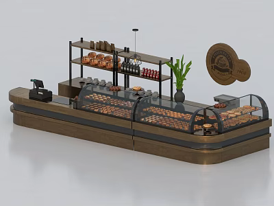 Bakery Display Shelves With Glass Display Cases Pastries Wooden Structure Cash Register And Potted Plant 3d model