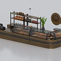 Bakery Display Shelves With Glass Display Cases Pastries Wooden Structure Cash Register And Potted Plant