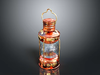 Vintage Copper Lantern With Glass Shade Metal Frame And Handle 3d model