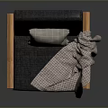 Gray Fabric Upholstered Chair With Wooden Frame Plaid Pillow And Blanket