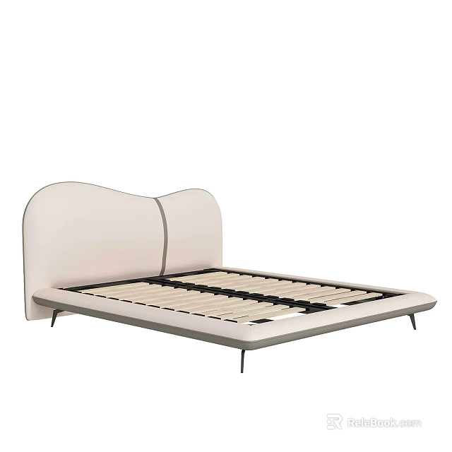 Modern Minimalist Double Bed With White Upholstered Curved Headboard And Slatted Base 3d model 