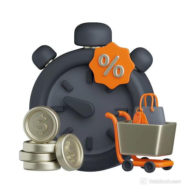 Decorative Ornament Set With Stopwatch Percentage Sign Shopping Cart Coins And Handbag 3d model 