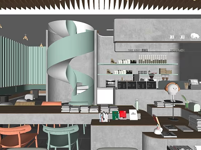 Modern Milk Tea Shop Interior With Spiral Decor Cozy Seating And Beverage Shelves 3d model
