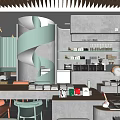 Modern Milk Tea Shop Interior With Spiral Decor Cozy Seating And Beverage Shelves