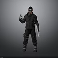 Sci Fi Character in Black Tactical Uniform with Goggles Weapon and Device