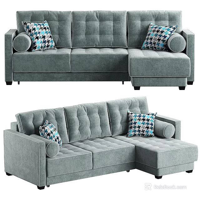 Modern Gray Sectional Sofa With Tufted Design Patterned Pillows And Wooden Legs 3d model