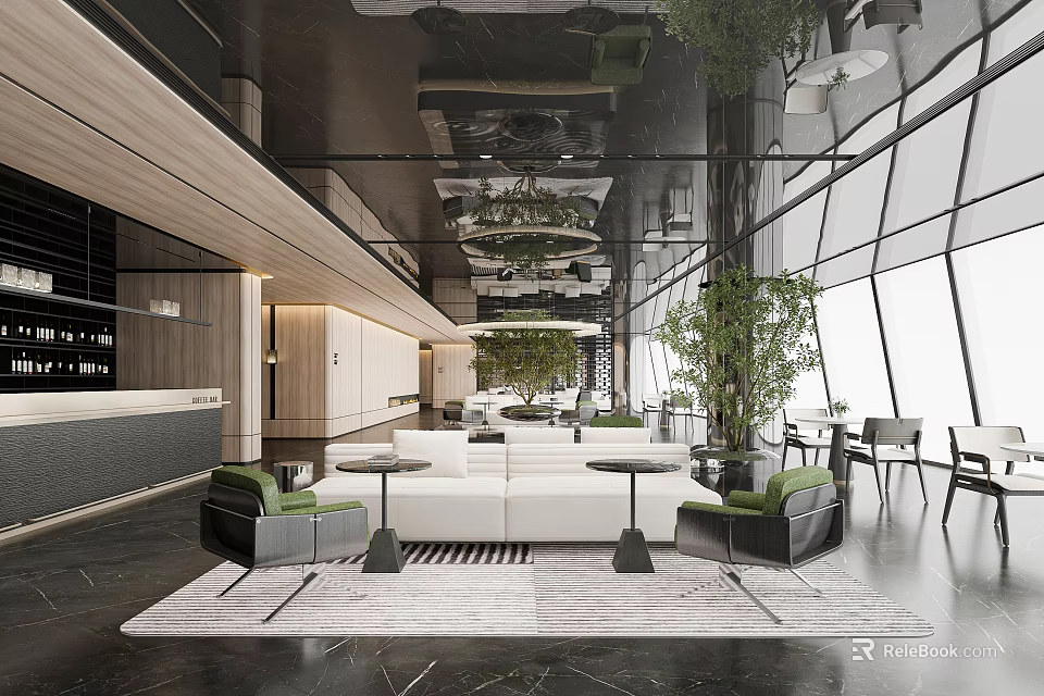 Modern Sales Office Interior Design With Large Glass Windows And Indoor Plants 3d model 