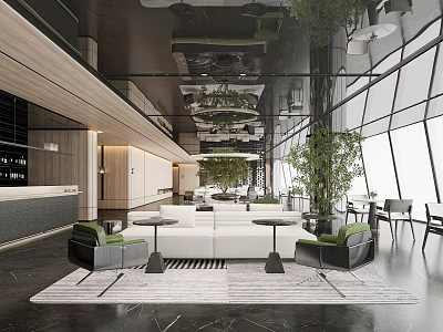 Modern Sales Office Interior Design With Large Glass Windows And Indoor Plants 3d model
