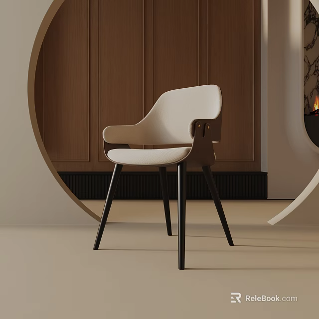 Modern White Dining Chair with Armrests Black Legs and Circular Wooden Wall Decor 3d model 