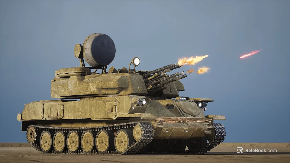 Military Tank With Radar System Firing Cannons Ejecting Flames On Desert Terrain 3d model 