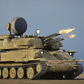 Military Tank With Radar System Firing Cannons Ejecting Flames On Desert Terrain