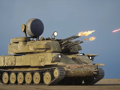 Military Tank With Radar System Firing Cannons Ejecting Flames On Desert Terrain 3d model