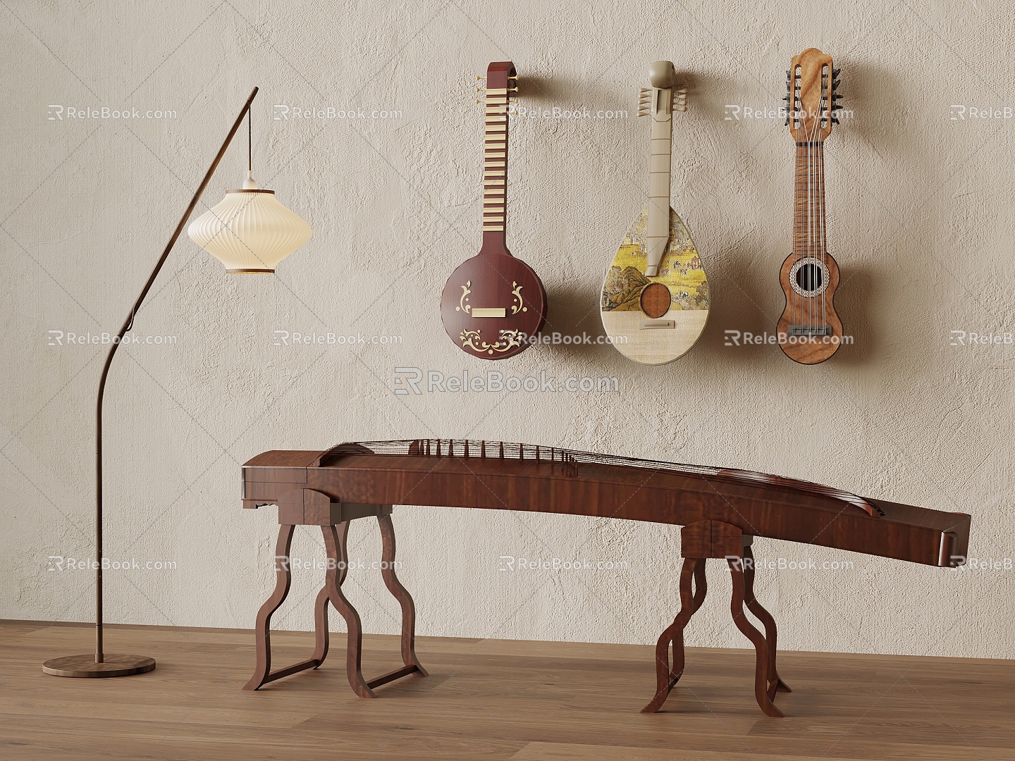 New Chinese Guzheng Pipa Floor Lamp Traditional Musical Instruments 3d model