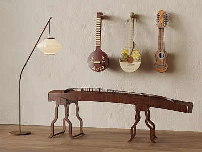 Artistic Musical Instruments Hanging on Wall with Zither Floor Lamp on Wooden Floor 3d model