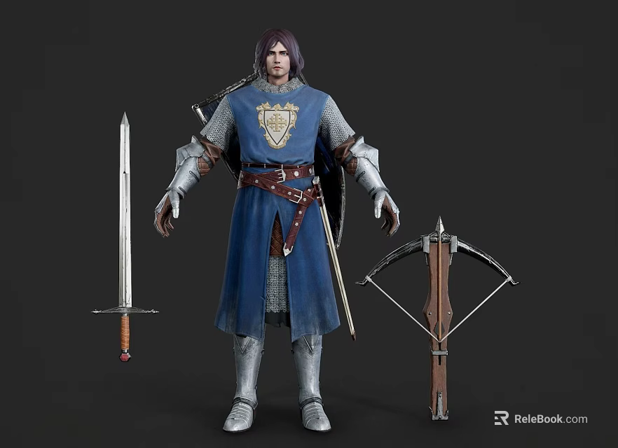 Medieval Man in Blue Armor with Shield Sword and Bow Standing 3d model 