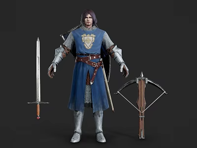 Medieval Man in Blue Armor with Shield Sword and Bow Standing 3d model