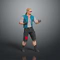 Blonde Man Wearing Sunglasses Blue Vest Gray Shirt And Black Shorts Standing