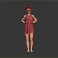 Woman in Red Polka Dot Dress with Updo Hairstyle and White Shoes Against Gray Background