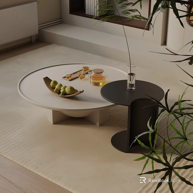 Modern Sofa Coffee Table Set With Round White Table Black Side Table And Green Plants 3d model 