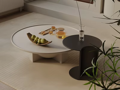 Modern Sofa Coffee Table Set With Round White Table Black Side Table And Green Plants 3d model