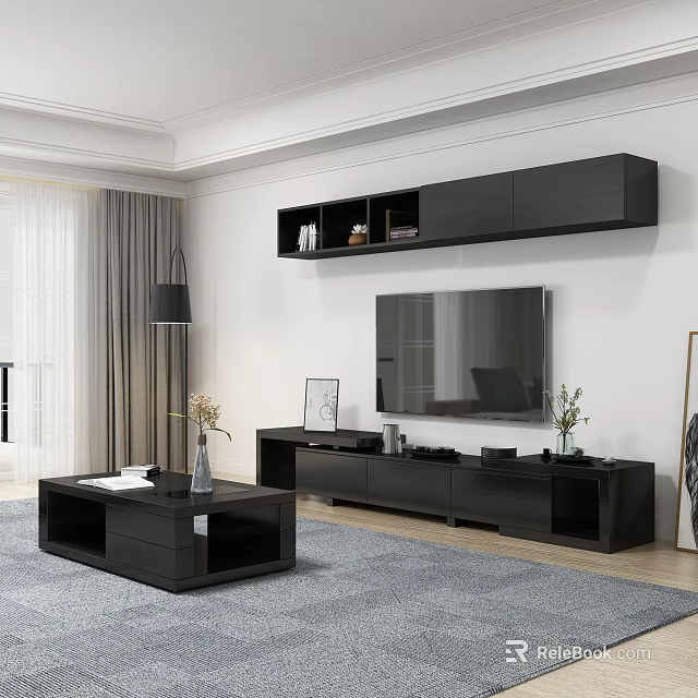 Modern Black TV Stand In Living Room With TV And Decorative Accessories 3d model 