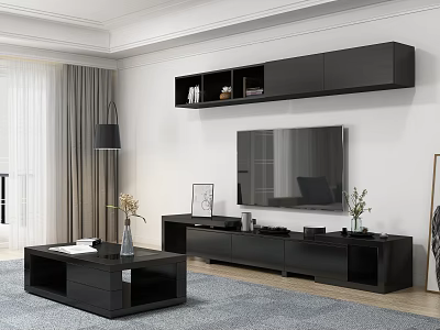 Modern Black TV Stand In Living Room With TV And Decorative Accessories 3d model