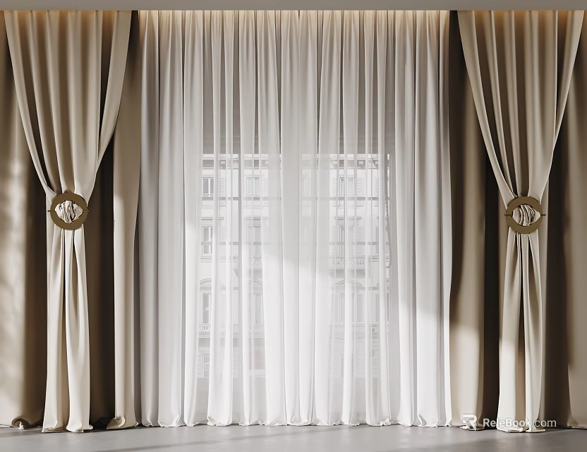 Elegant Modern Curtains Interior With Beige Thick Panels White Sheer Layers And Golden Ring Hooks 3d model 