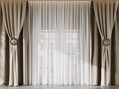 Elegant Modern Curtains Interior With Beige Thick Panels White Sheer Layers And Golden Ring Hooks 3d model