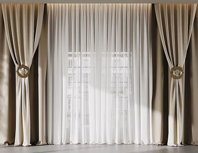 Elegant Modern Curtains Interior With Beige Thick Panels White Sheer Layers And Golden Ring Hooks 3d model