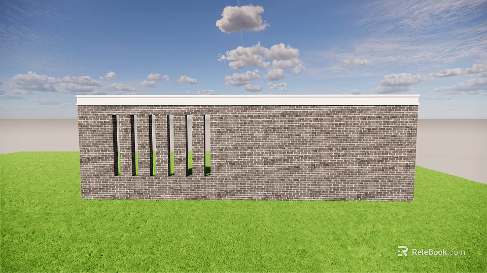 Gray Brick Feature Wall With Vertical Cutouts And Green Grass Under Blue Sky 3d model