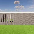 Gray Brick Feature Wall With Vertical Cutouts And Green Grass Under Blue Sky 3d model