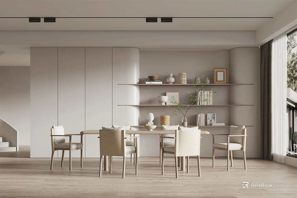 Modern Restaurant Interior Design With Open Layout Dining Table Chairs And Shelves 3d model