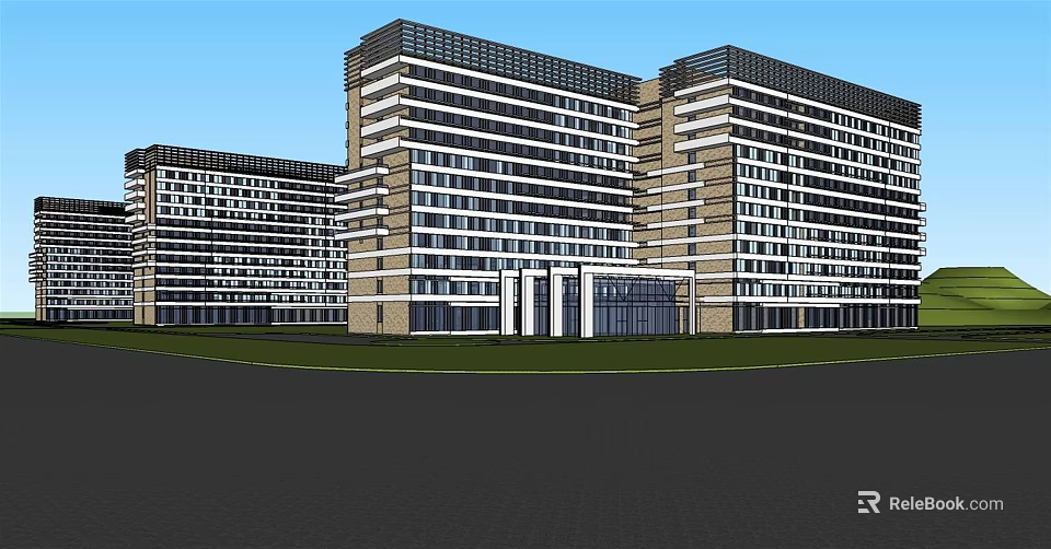Modern High Rise Building Complex Exterior With Glass Facade And Front Lawn 3d model 