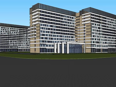 Modern High Rise Building Complex Exterior With Glass Facade And Front Lawn 3d model