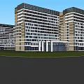 Modern High Rise Building Complex Exterior With Glass Facade And Front Lawn